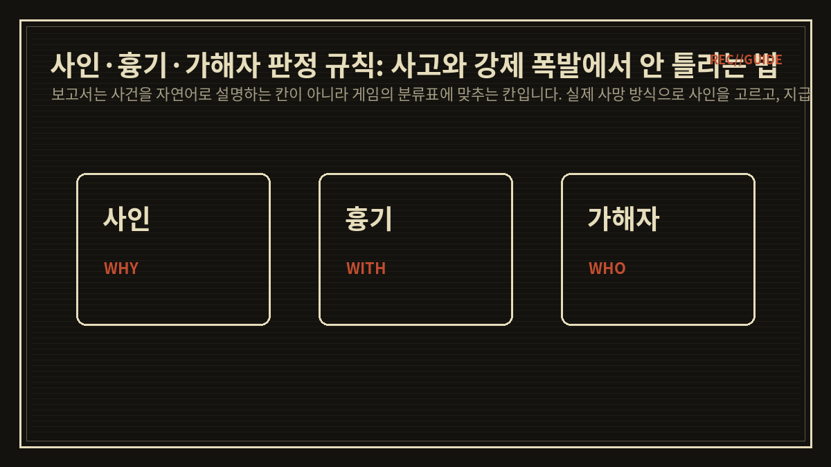 사인·흉기·가해자 판정 규칙: 사고와 강제 폭발에서 안 틀리는 법